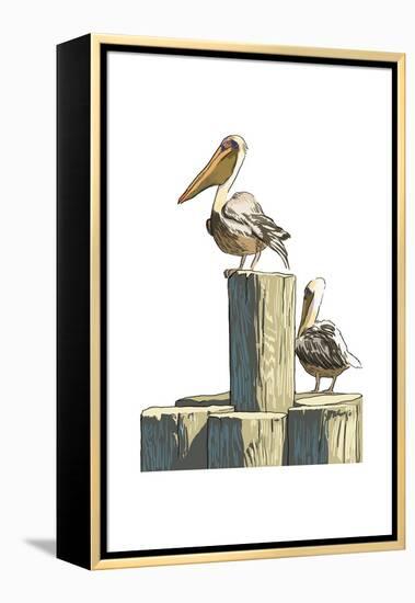 Pelican and Pilings - Icon-Lantern Press-Framed Stretched Canvas