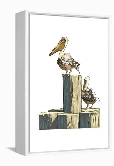 Pelican and Pilings - Icon-Lantern Press-Framed Stretched Canvas