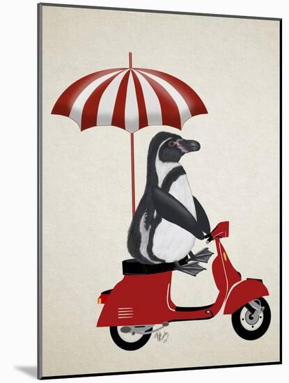 Penguin On Red Moped-Fab Funky-Mounted Art Print