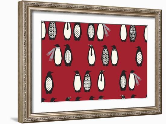 Penguin Parade Red-Joanne Paynter Design-Framed Giclee Print