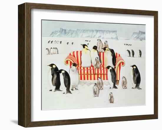 Penguins on a Red and White Sofa, 1994-E.B. Watts-Framed Giclee Print