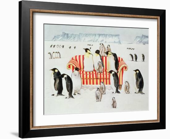 Penguins on a Red and White Sofa, 1994-E.B. Watts-Framed Giclee Print