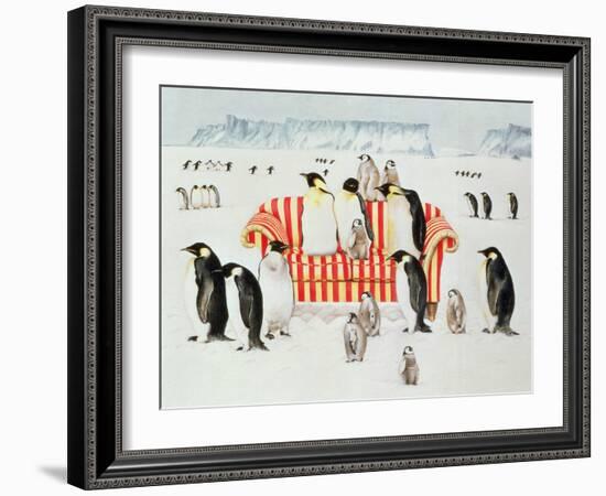 Penguins on a Red and White Sofa, 1994-E.B. Watts-Framed Giclee Print