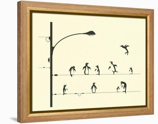 Penguins on aWire-Jazzberry Blue-Framed Stretched Canvas