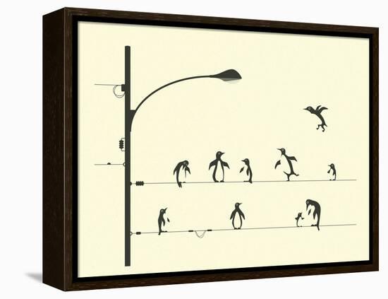 Penguins on aWire-Jazzberry Blue-Framed Stretched Canvas