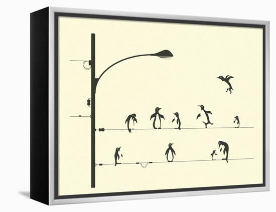 Penguins on aWire-Jazzberry Blue-Framed Stretched Canvas