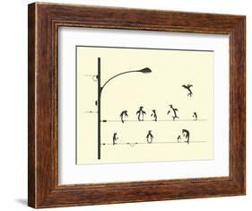 Penguins on aWire-Jazzberry Blue-Framed Art Print