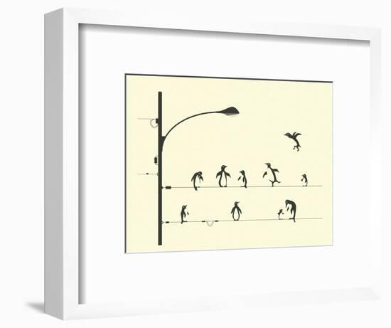 Penguins on aWire-Jazzberry Blue-Framed Art Print