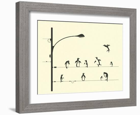 Penguins on aWire-Jazzberry Blue-Framed Art Print