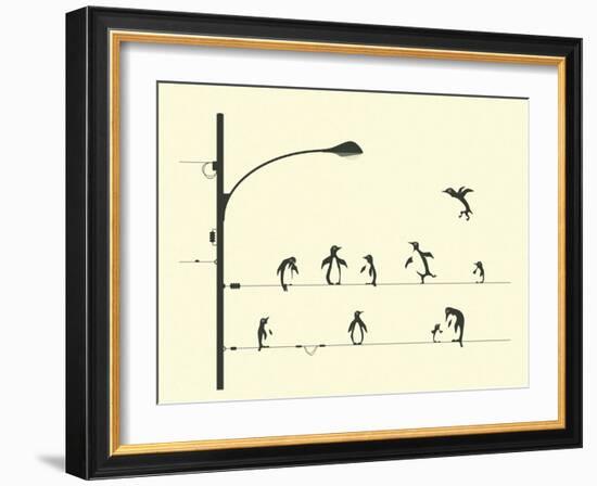 Penguins on aWire-Jazzberry Blue-Framed Art Print