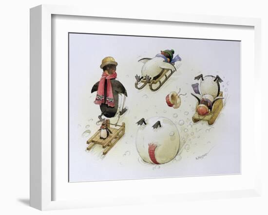 Penguins Sledging, 1999-Kestutis Kasparavicius-Framed Giclee Print