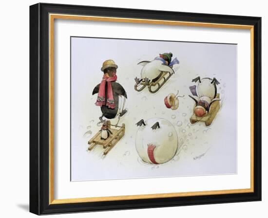 Penguins Sledging, 1999-Kestutis Kasparavicius-Framed Giclee Print