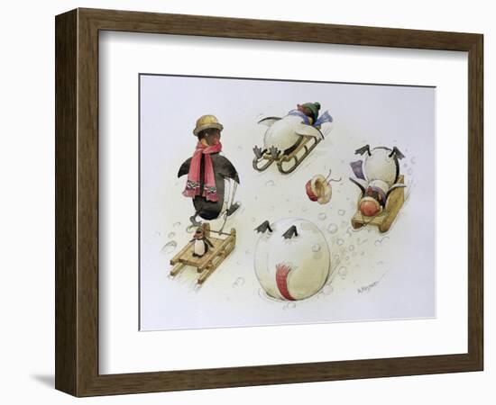 Penguins Sledging, 1999-Kestutis Kasparavicius-Framed Giclee Print