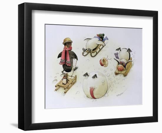 Penguins Sledging, 1999-Kestutis Kasparavicius-Framed Giclee Print