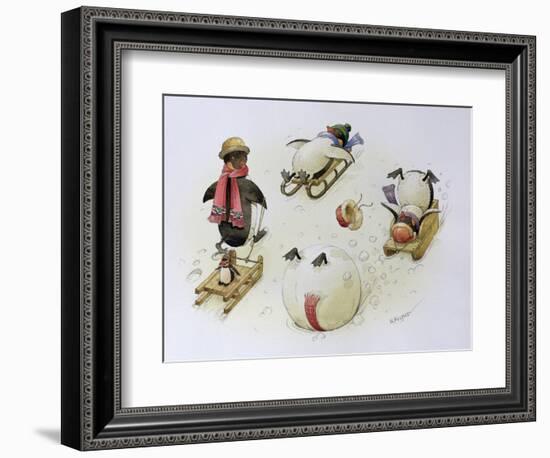 Penguins Sledging, 1999-Kestutis Kasparavicius-Framed Giclee Print