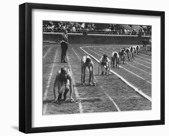 Penn Relay Races, College Students Crouched in Starting Position-George Silk-Framed Photographic Print