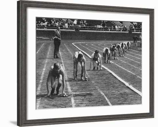 Penn Relay Races, College Students Crouched in Starting Position-George Silk-Framed Photographic Print