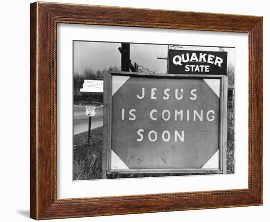 Penna US 1 Highway Sign Left of Quaker State Sign Looming Above Jesus is Coming Soon Billboard-Margaret Bourke-White-Framed Photographic Print