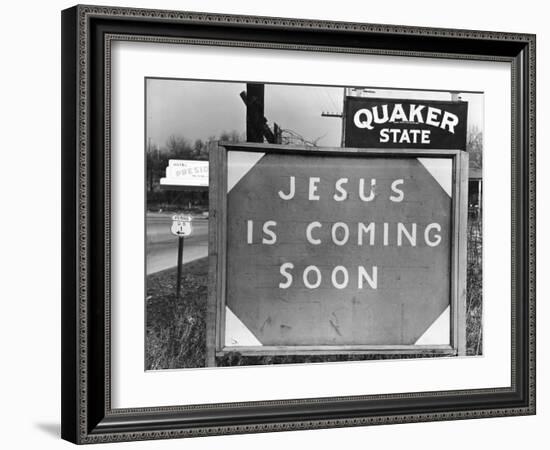 Penna US 1 Highway Sign Left of Quaker State Sign Looming Above Jesus is Coming Soon Billboard-Margaret Bourke-White-Framed Photographic Print