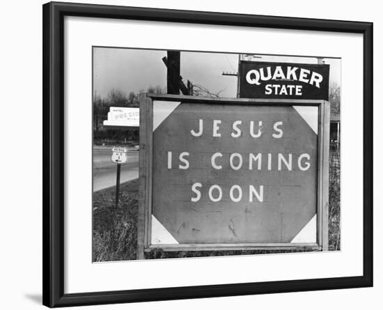 Penna US 1 Highway Sign Left of Quaker State Sign Looming Above Jesus is Coming Soon Billboard-Margaret Bourke-White-Framed Photographic Print