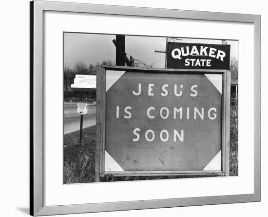 Penna US 1 Highway Sign Left of Quaker State Sign Looming Above Jesus is Coming Soon Billboard-Margaret Bourke-White-Framed Photographic Print