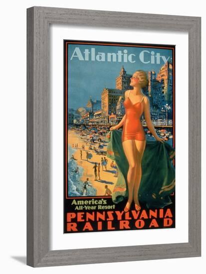 Pennsylvania Railroad Poster Promoting Travel to Atlantic City 'America's All Year Resort'-null-Framed Giclee Print