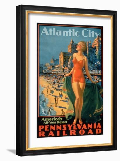 Pennsylvania Railroad Poster Promoting Travel to Atlantic City 'America's All Year Resort'-null-Framed Giclee Print