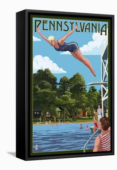 Pennsylvania - Woman Diving and Lake-Lantern Press-Framed Stretched Canvas