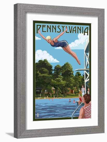 Pennsylvania - Woman Diving and Lake-Lantern Press-Framed Art Print