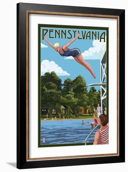 Pennsylvania - Woman Diving and Lake-Lantern Press-Framed Art Print