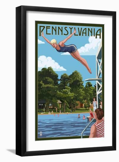 Pennsylvania - Woman Diving and Lake-Lantern Press-Framed Art Print