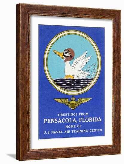 Pensacola, Florida - Aviating Duck Lands in Water, Home of US Naval Air Training Center-Lantern Press-Framed Art Print