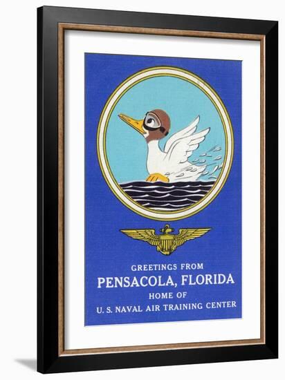 Pensacola, Florida - Aviating Duck Lands in Water, Home of US Naval Air Training Center-Lantern Press-Framed Art Print