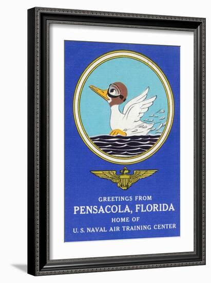 Pensacola, Florida - Aviating Duck Lands in Water, Home of US Naval Air Training Center-Lantern Press-Framed Art Print