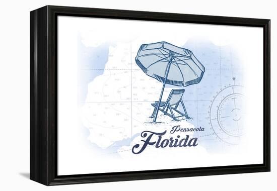 Pensacola, Florida - Beach Chair and Umbrella - Blue - Coastal Icon-Lantern Press-Framed Stretched Canvas