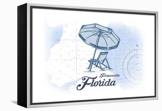 Pensacola, Florida - Beach Chair and Umbrella - Blue - Coastal Icon-Lantern Press-Framed Stretched Canvas