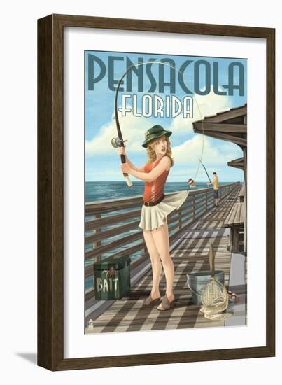 Pensacola, Florida - Fishing Pinup Girl-Lantern Press-Framed Art Print