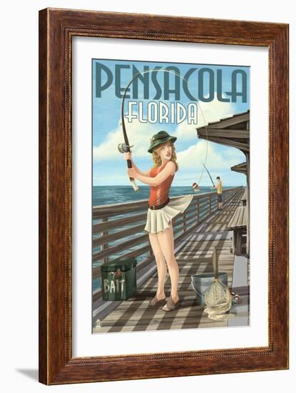 Pensacola, Florida - Fishing Pinup Girl-Lantern Press-Framed Art Print