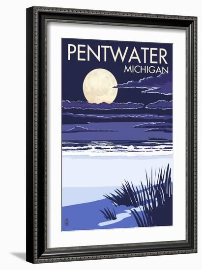Pentwater, Michigan - Full Moon Night Scene-Lantern Press-Framed Art Print