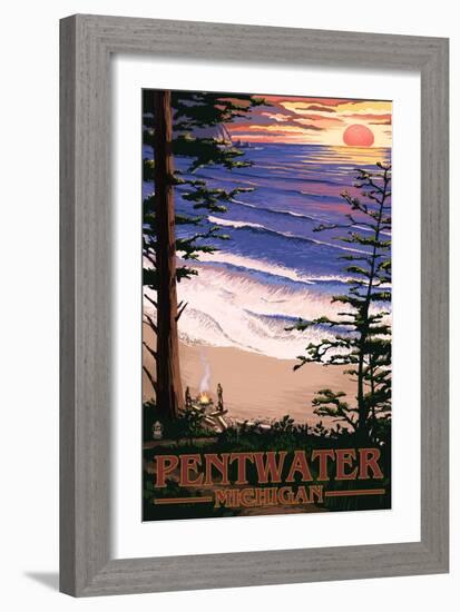 Pentwater, Michigan - Sunset on Beach-Lantern Press-Framed Art Print