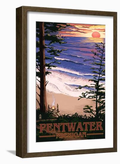 Pentwater, Michigan - Sunset on Beach-Lantern Press-Framed Art Print