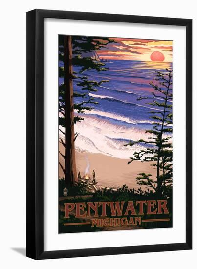 Pentwater, Michigan - Sunset on Beach-Lantern Press-Framed Art Print