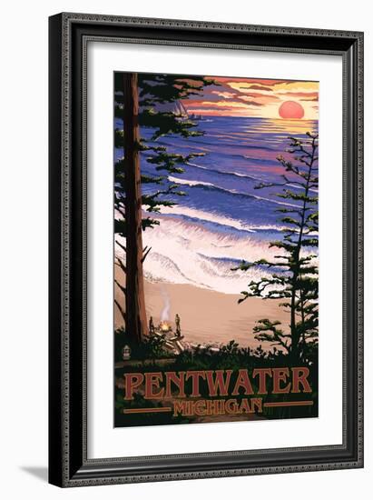 Pentwater, Michigan - Sunset on Beach-Lantern Press-Framed Art Print