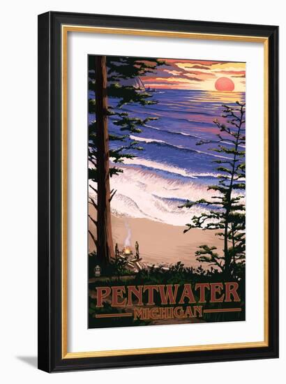 Pentwater, Michigan - Sunset on Beach-Lantern Press-Framed Art Print