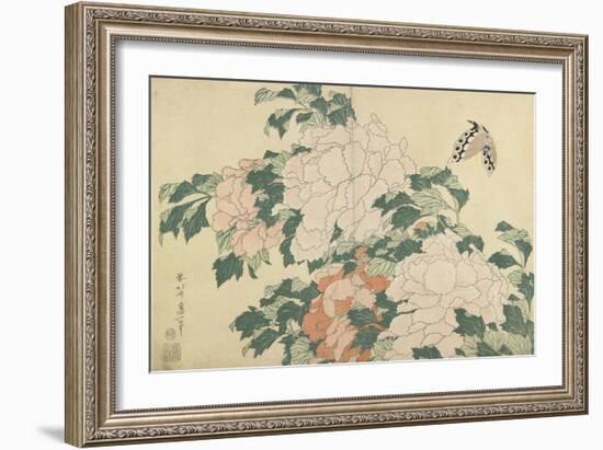 Peonies and Butterfly, C. 1830-1831-Katsushika Hokusai-Framed Giclee Print