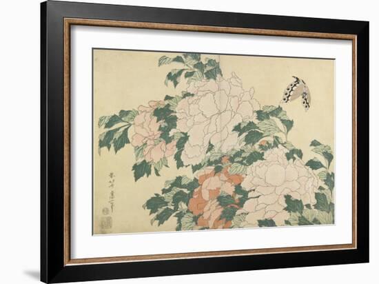 Peonies and Butterfly, C. 1830-1831-Katsushika Hokusai-Framed Giclee Print