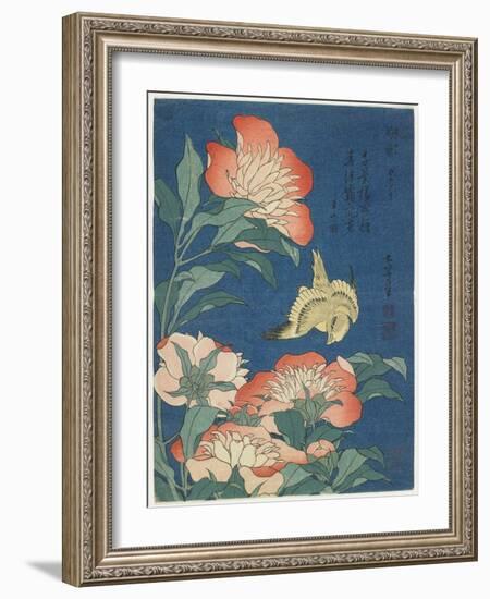 Peonies and Canary, C. 1833-Katsushika Hokusai-Framed Premium Giclee Print