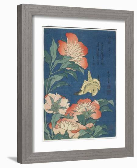 Peonies and Canary, C. 1833-Katsushika Hokusai-Framed Premium Giclee Print