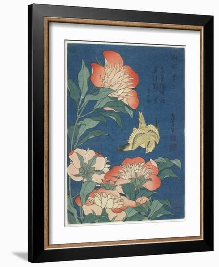 Peonies and Canary, C. 1833-Katsushika Hokusai-Framed Premium Giclee Print