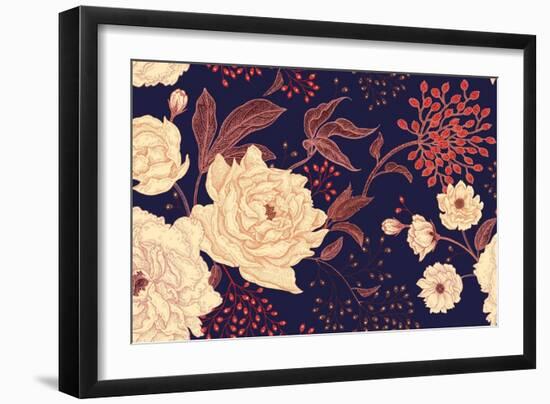 Peonies and Roses. Floral Vintage Seamless Pattern. Gold and White Flowers, Leaves, Branches and Re-mamita-Framed Art Print